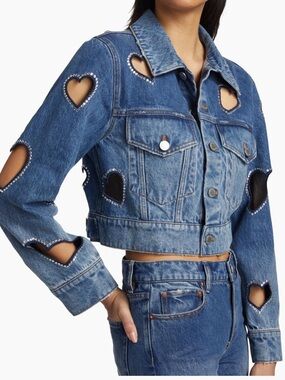 Alice + Olivia Denim Heart Cutout Cropped Jacket in Blue S